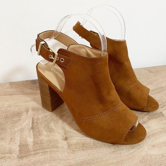 Express Tan Camel Brown Peep Almond Toe Ankle Buckle Block Heel 6 - Picture 1 of 9